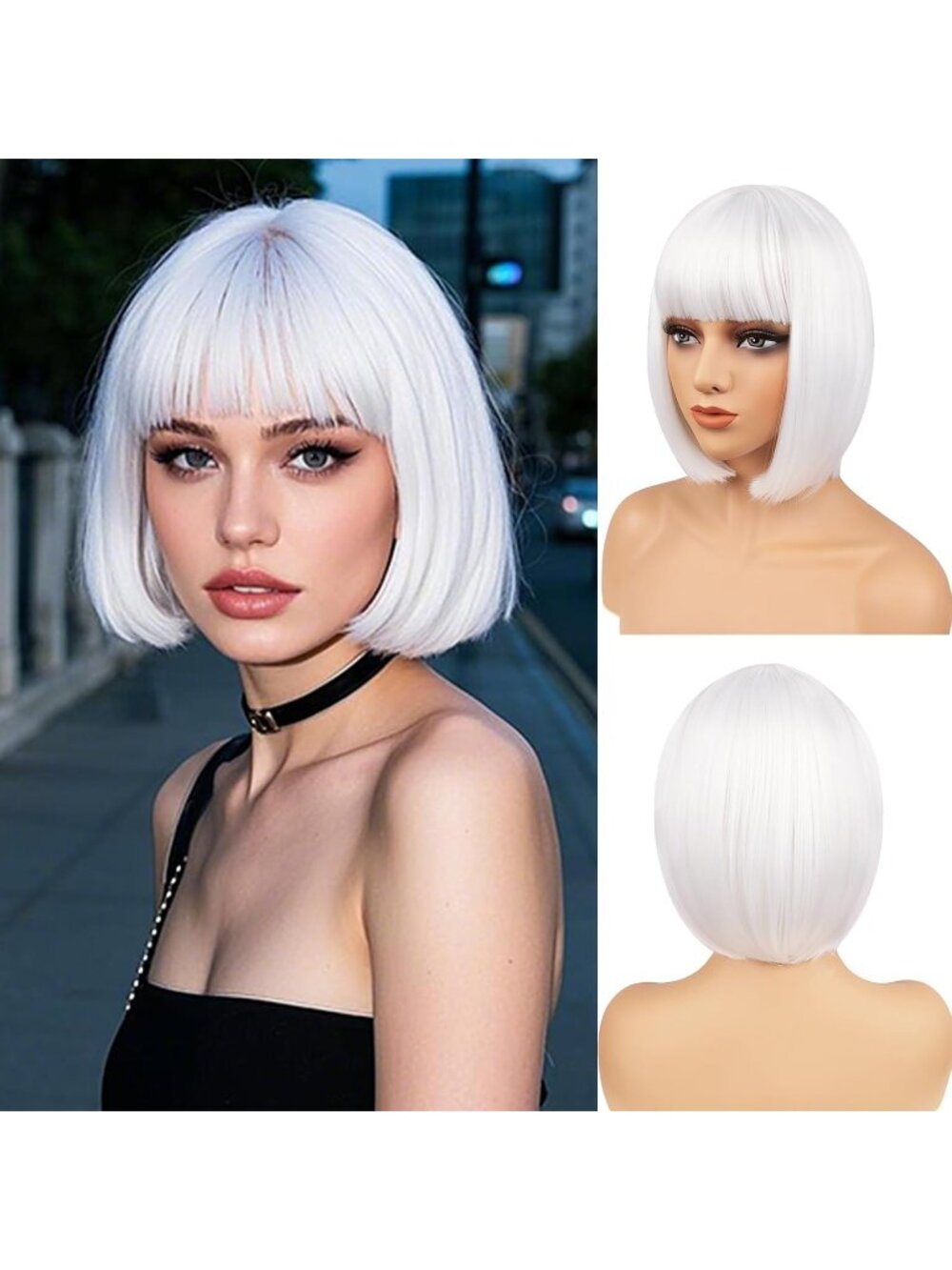 Women White Heat Resistant Synthetic Bob Party Neon Wig Bangs 12 Inch